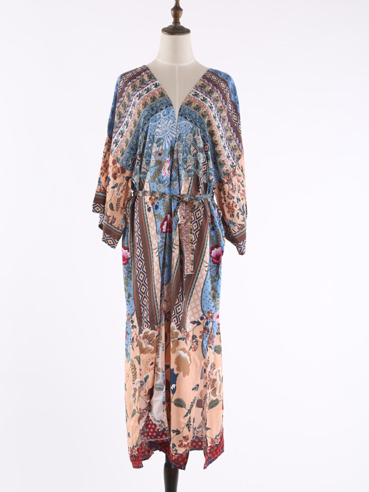 Multicolor Mixed Floral Print Belted Open Front Long Kimono Robe