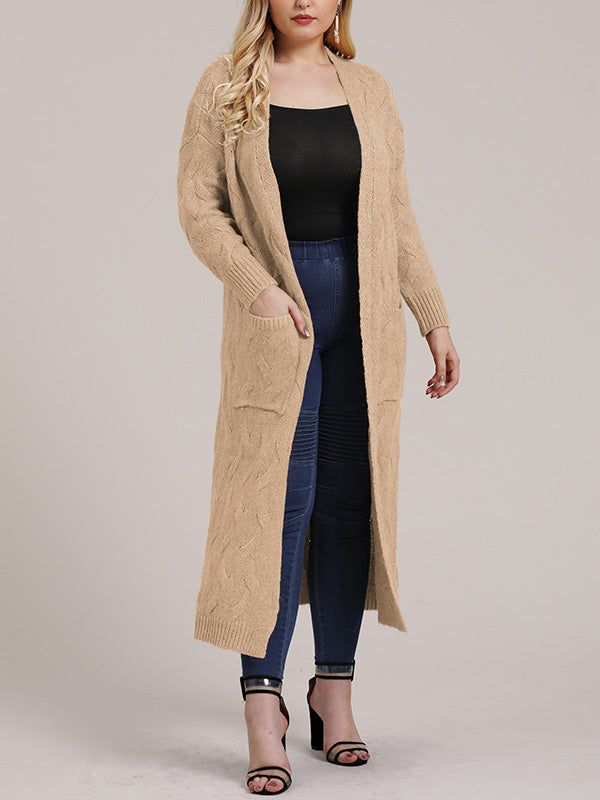 Open Front Cable Knit Pocket Longline Cardigan