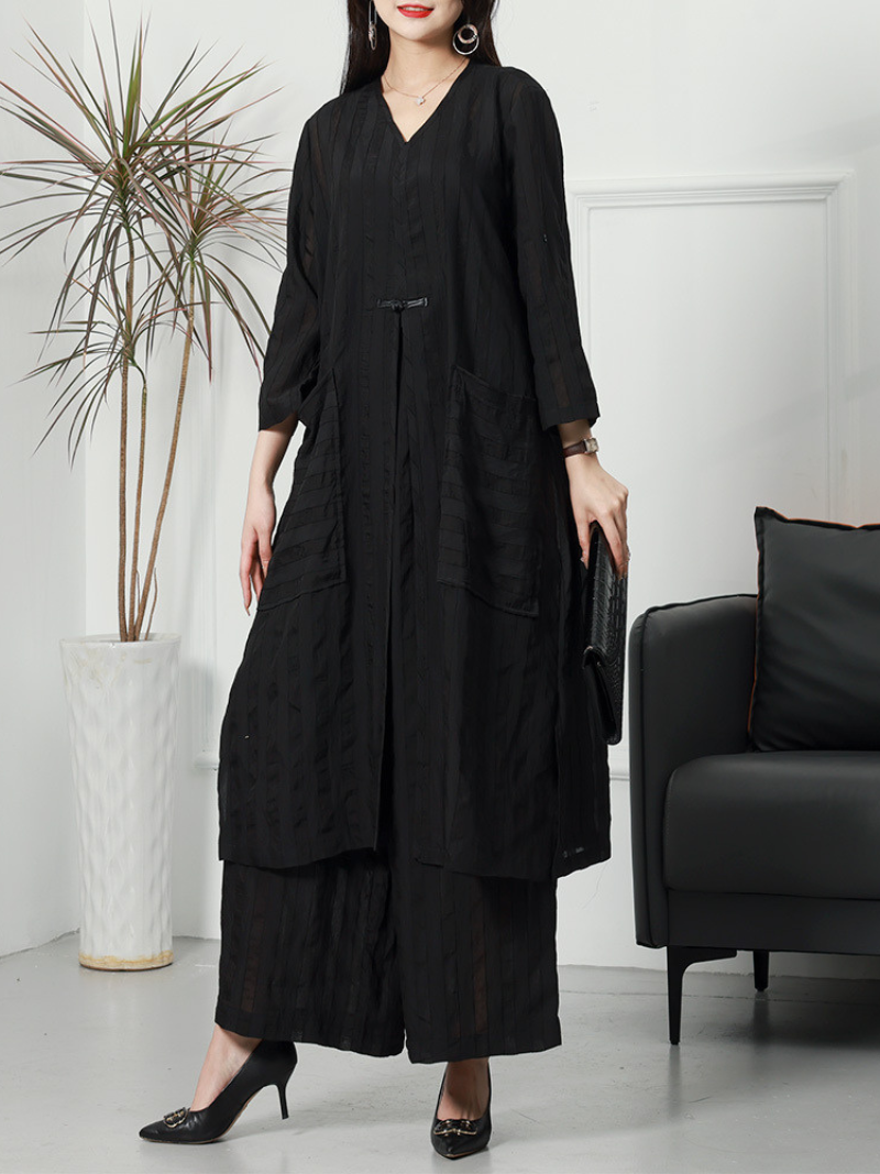 Textured Stripe Long Cardigan and Wide Leg Pants Set