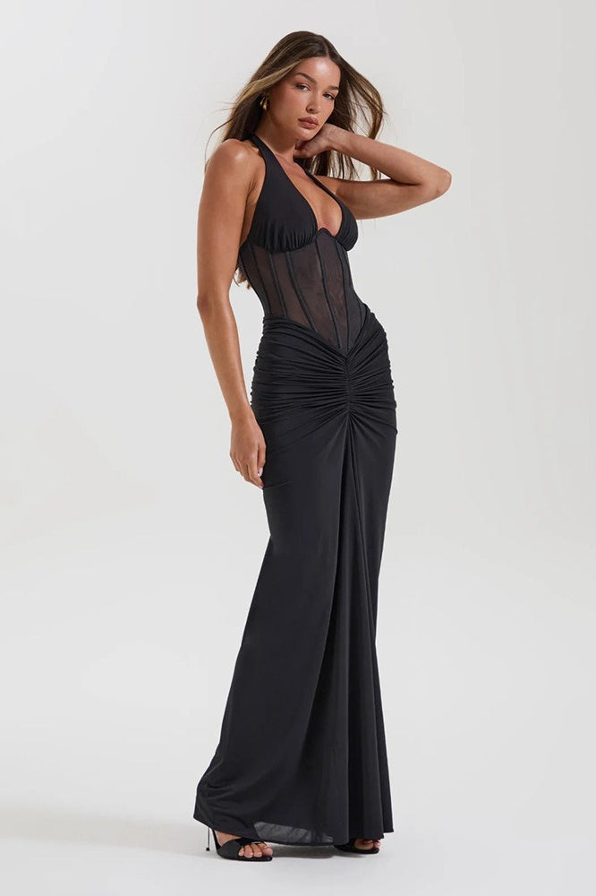 Halter Mesh Paneled Pencil Maxi Party Dress