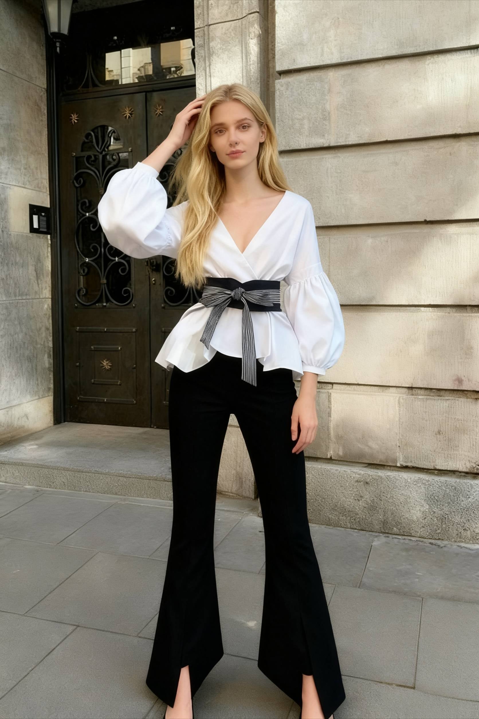 Spring Women's Bow Pants Lantern Flare Black + Striped Split WarmSeason Blouse Arm Arm Set
