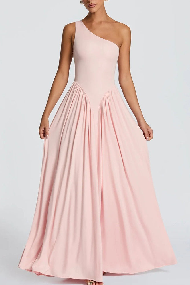 Solid One Shoulder Ruched Maxi A Line Party Dress