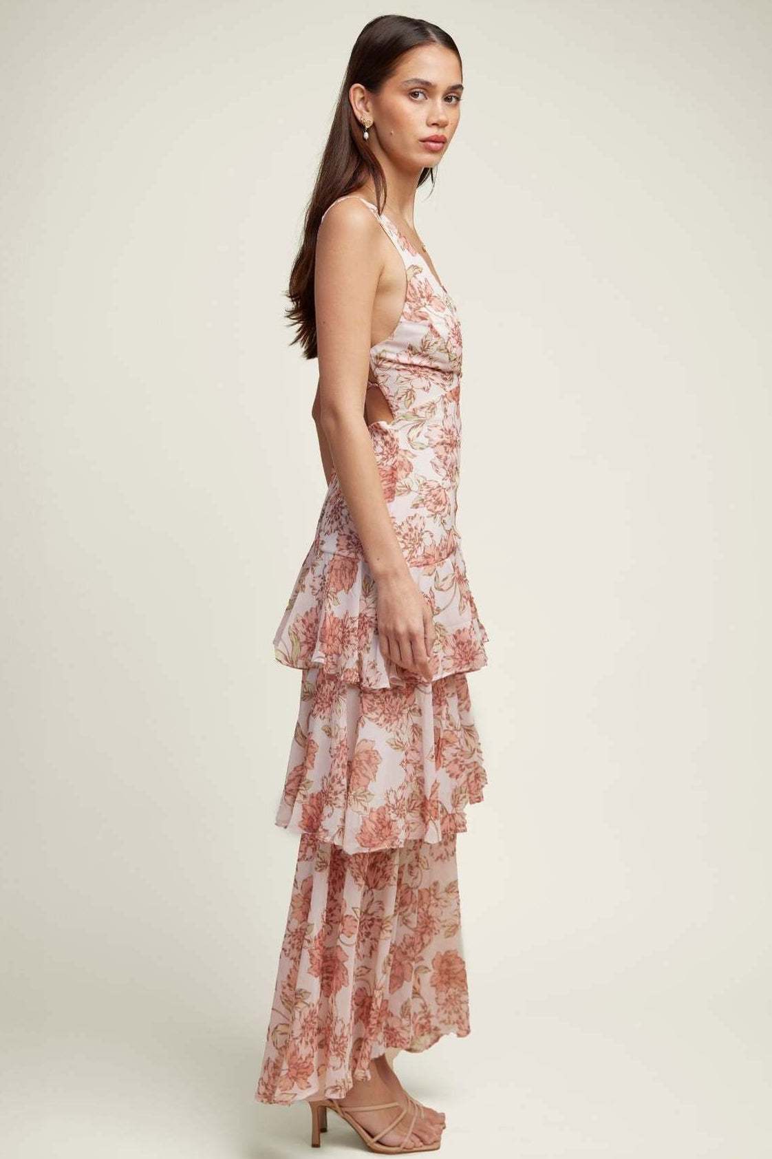Deep V Neck Tiered Ruffle Watercolor Floral Print Maxi Dress 11