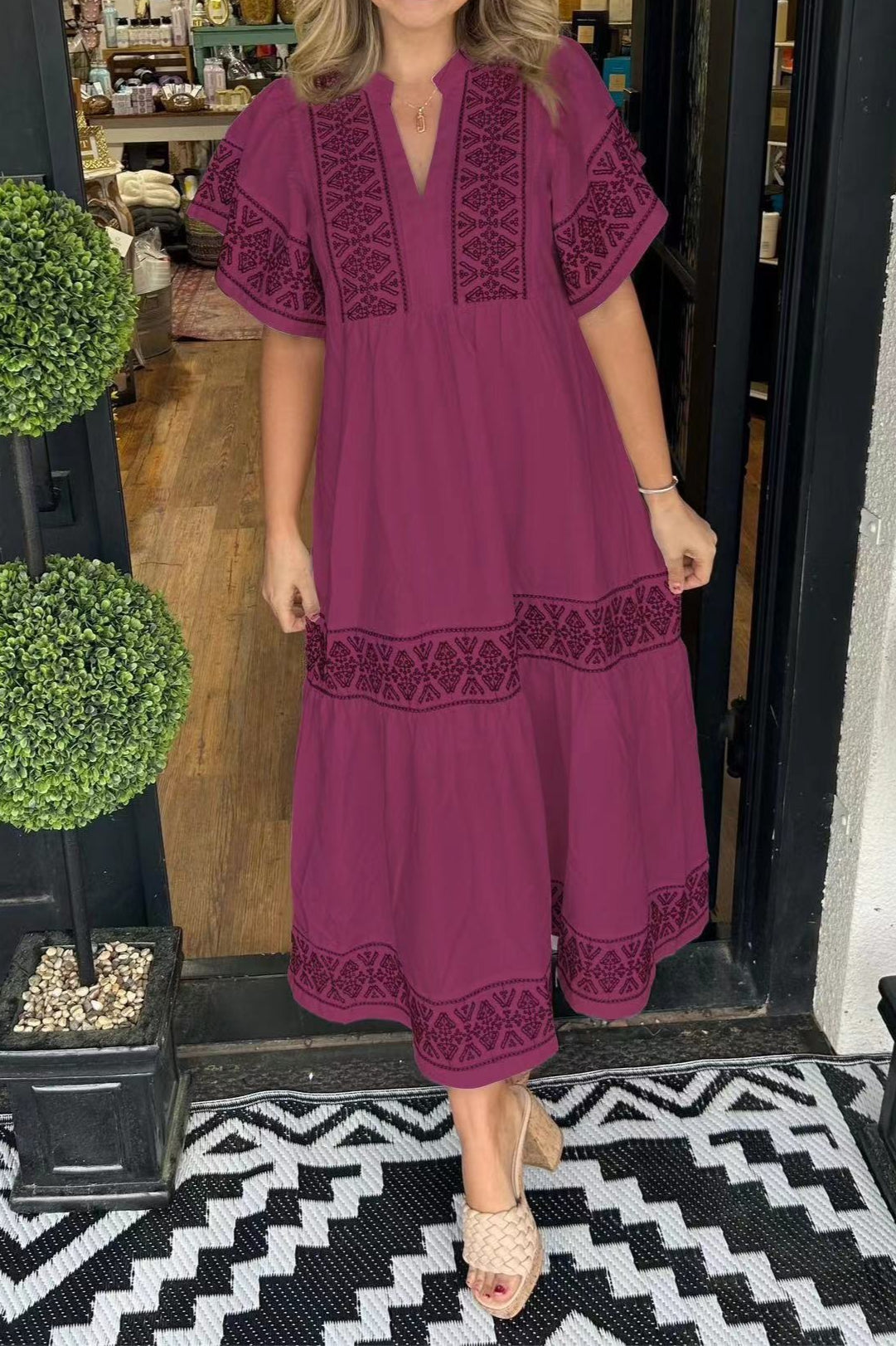 V Neck Short Sleeve Geometric Embroidery Tiered Midi Dress 5