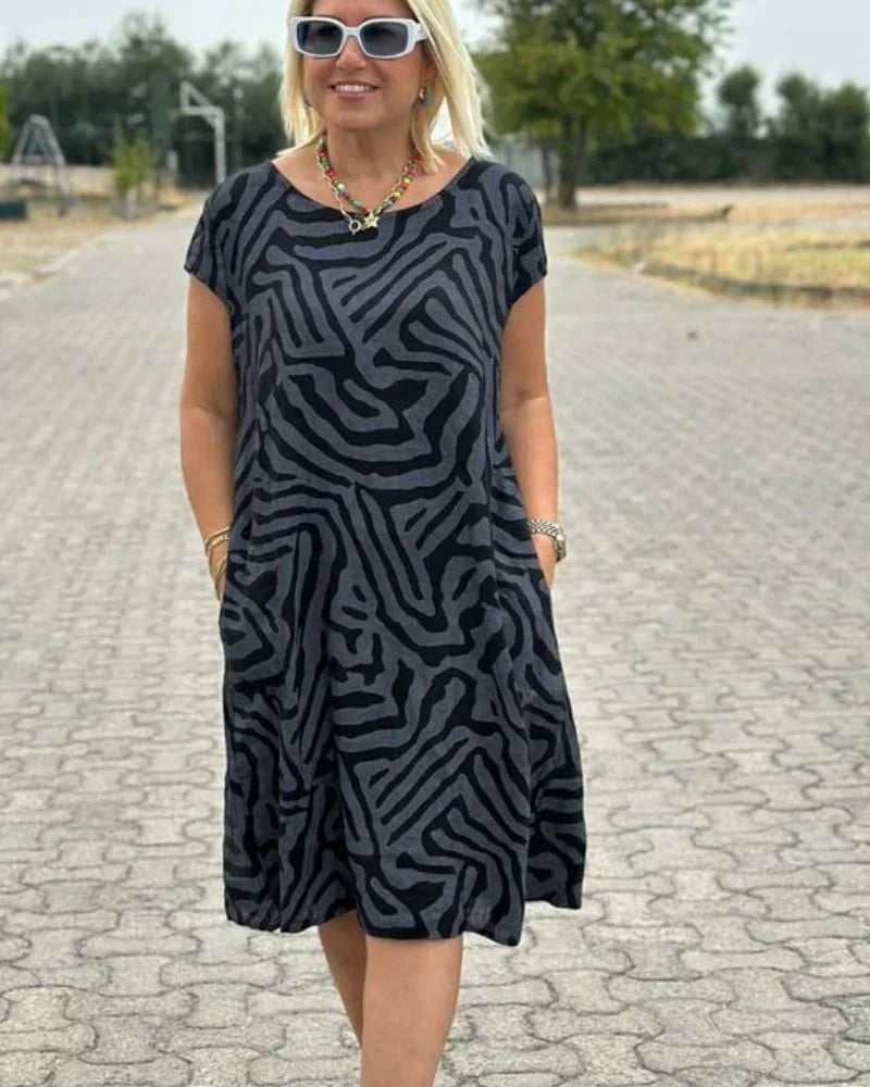 Round Neck Short Sleeve Abstract Swirl Print Pocket Shift Midi Dress 2