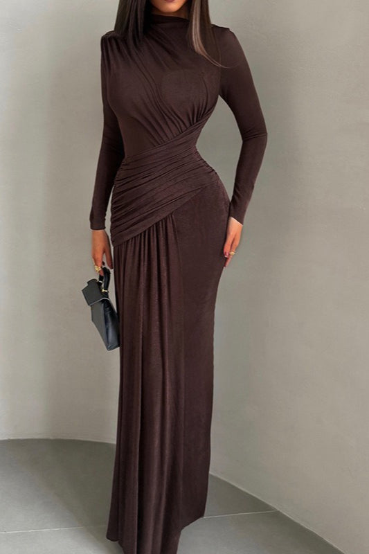 Solid Crew Neck Long Sleeve Ruched Party Dress