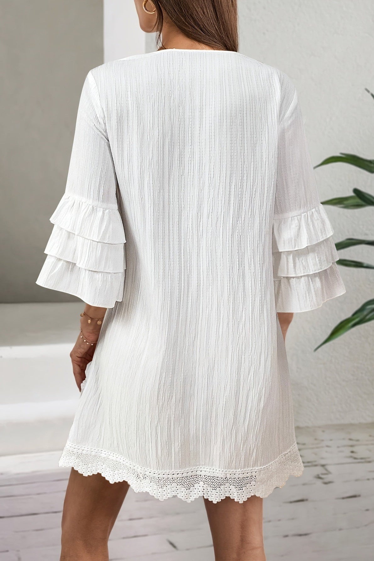 White Deep V Neck Embroidered Bib Pom Pom Trim Bell Sleeve Lace Hem Mini Dress 3