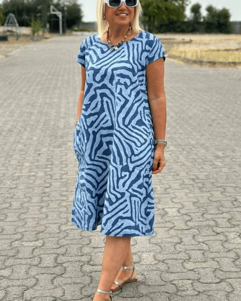 Round Neck Short Sleeve Abstract Swirl Print Pocket Shift Midi Dress 4