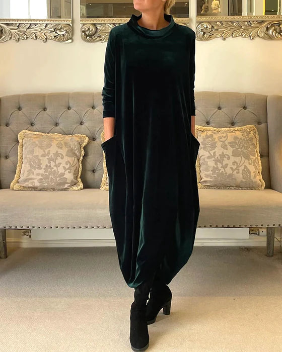 Mock Neck Velvet Pocket Long Sleeve Cocoon Maxi Dress