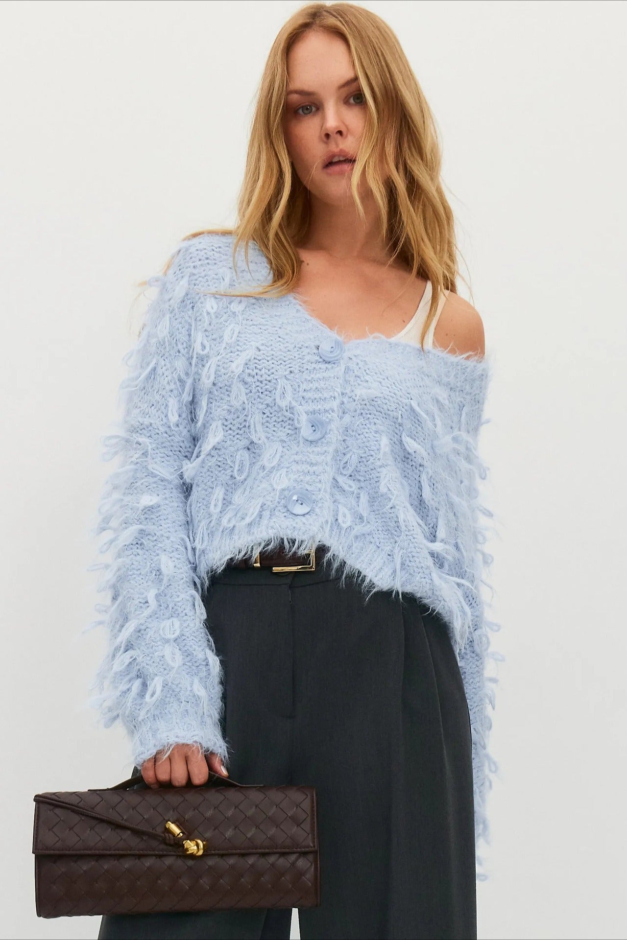 V Neck Fringe Short Loose Slouchy Knit Cardigan