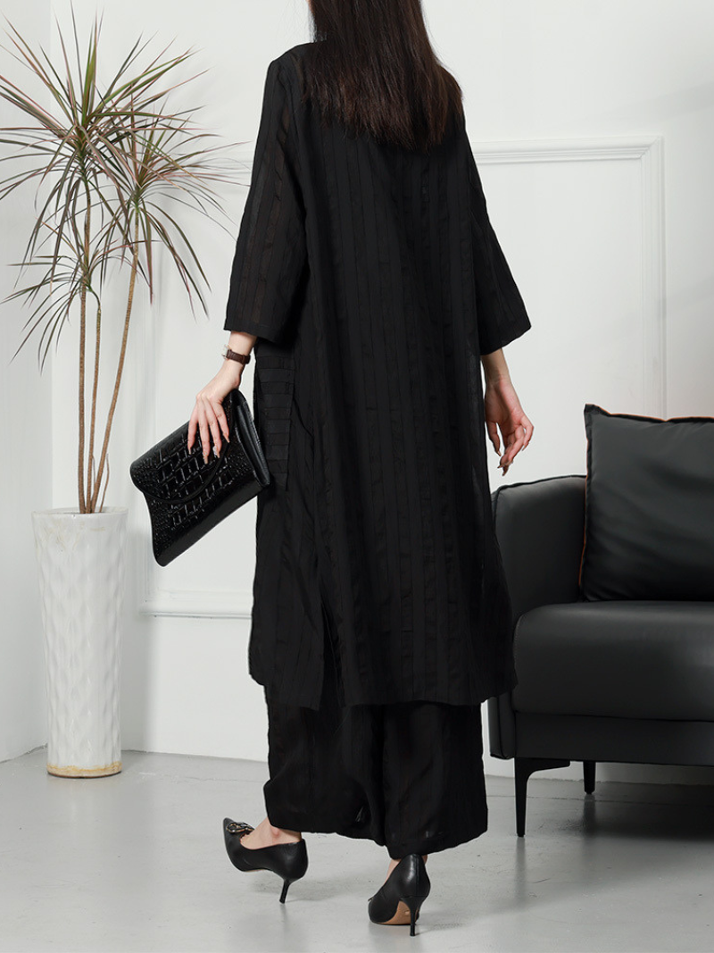 Textured Stripe Long Cardigan and Wide Leg Pants Set