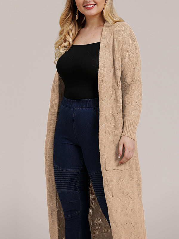Open Front Cable Knit Pocket Longline Cardigan