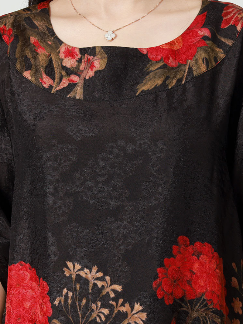 Red Round Neck Floral Print Loose Half Sleeve A-Line Maxi Dress