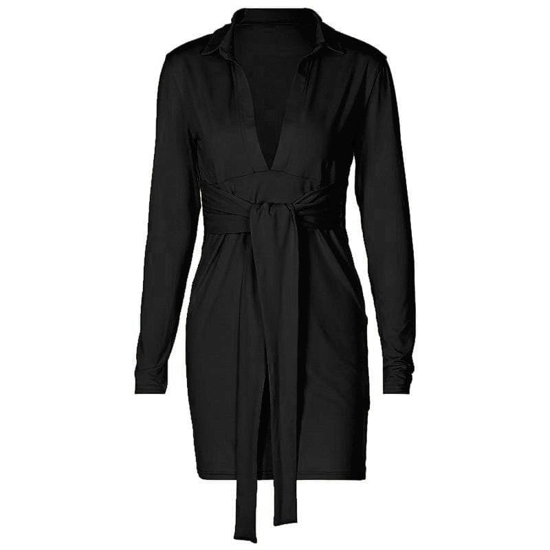 Long sleeve deep v neck turnover collar mini dress