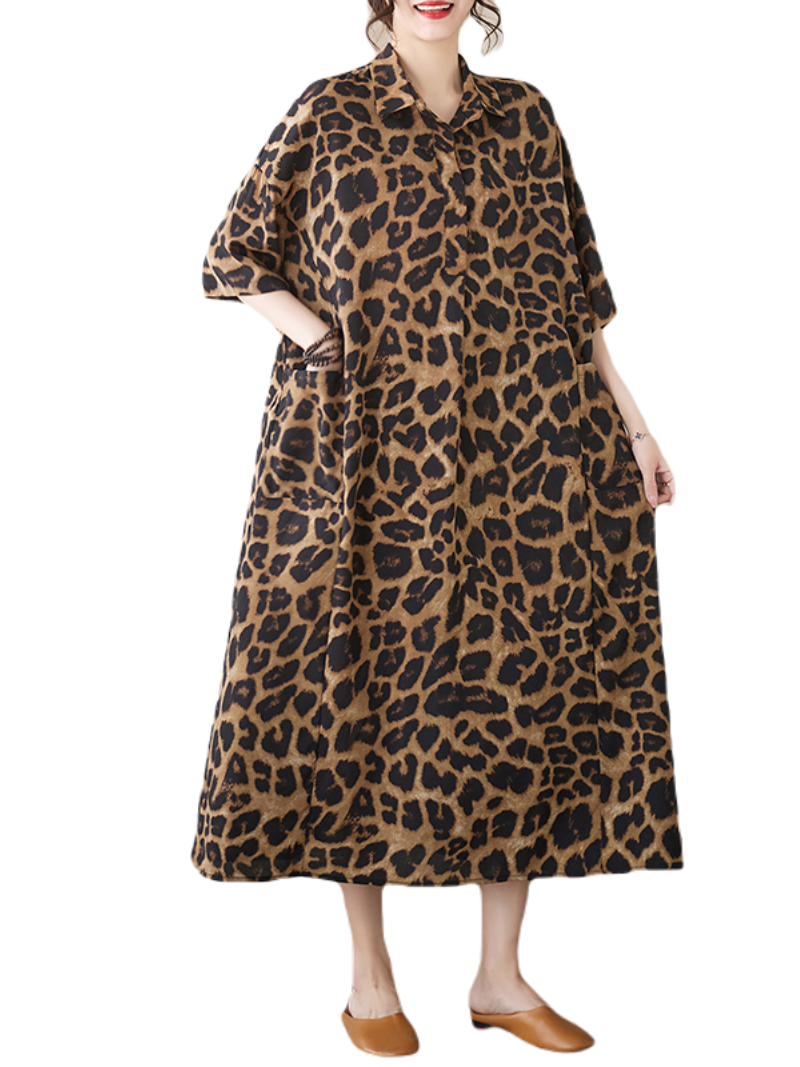 Collared Leopard Print Half Sleeve Loose Shirt Maxi Dress