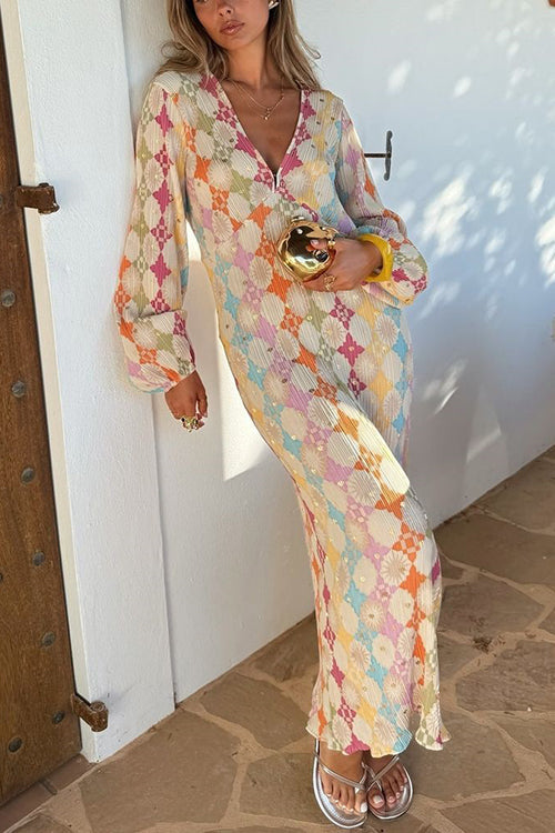 Yolanda Boutique V Neck Lantern Sleeves Geometric Print Maxi Dress Premium Wardrobe Essential