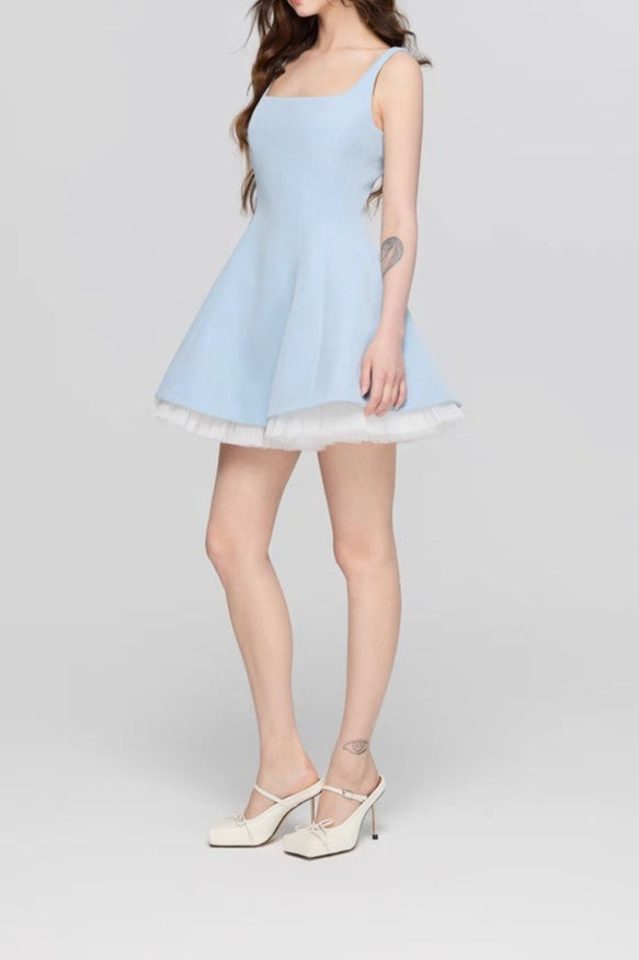 Square Neck Mesh Panel Mini Dress 9