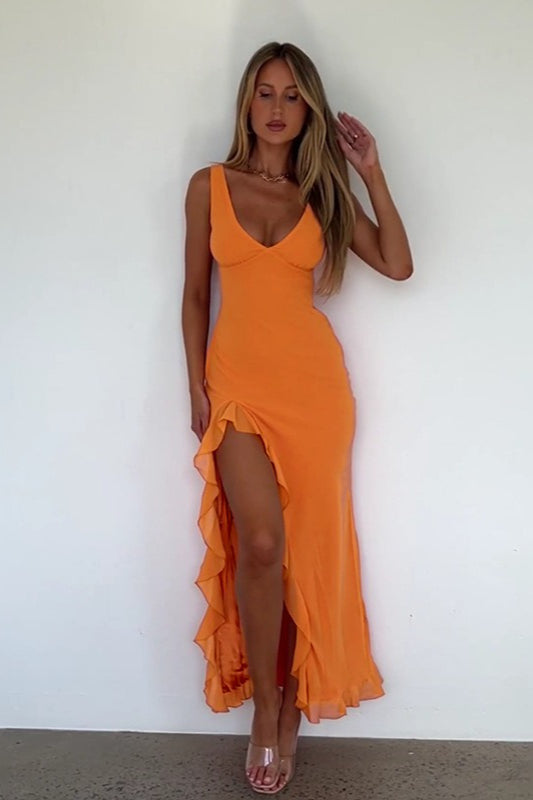 V-Neck Ruffled Slit Cami Midi Dress