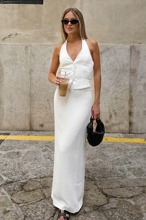 Linen Halter Vest Maxi Dress Two Piece Work Set