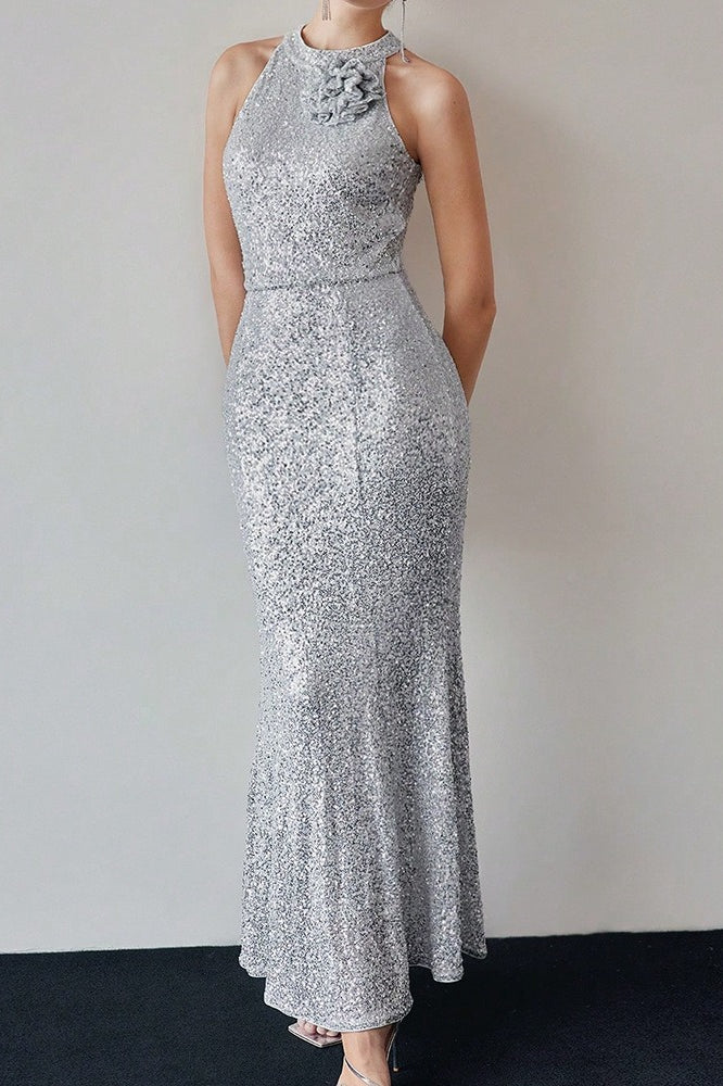 Silver Halter Sequin Mermaid Maxi Dress 4