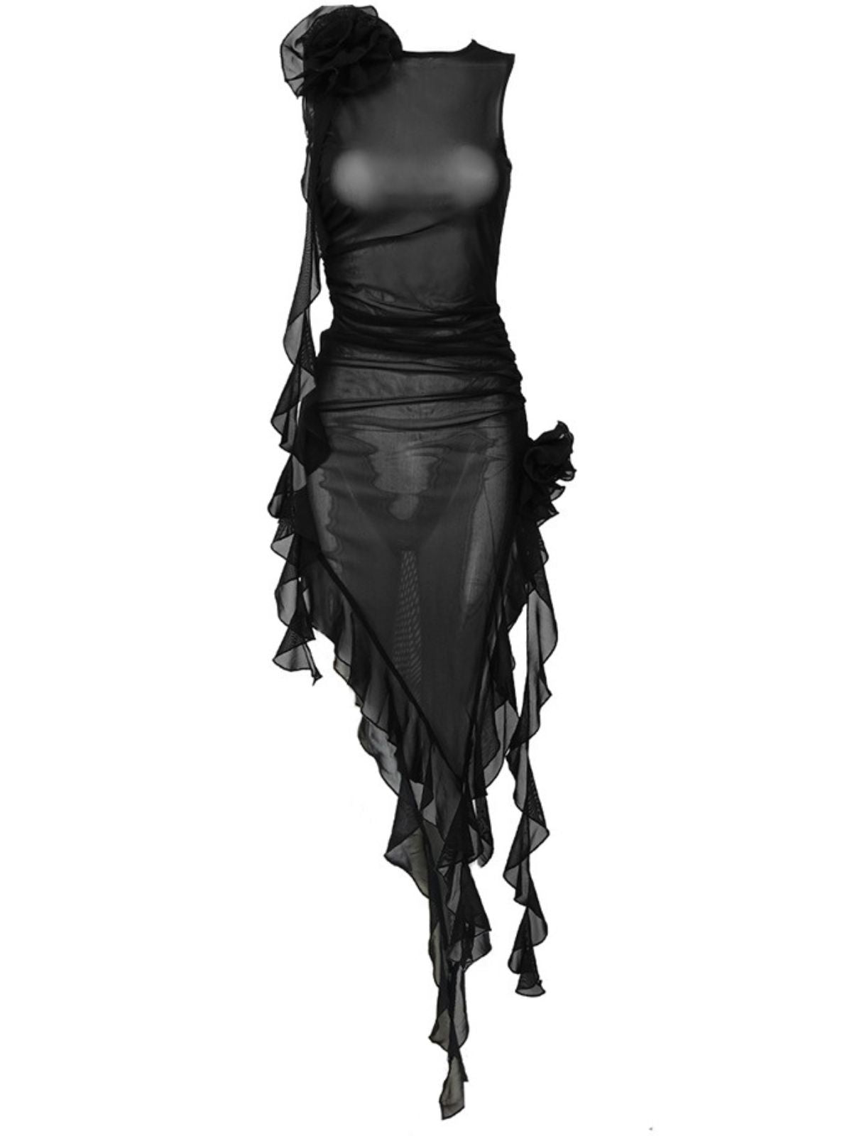 Round Neck Sheer Mesh 3D Flower Ruffle Asymmetric Midi Dress