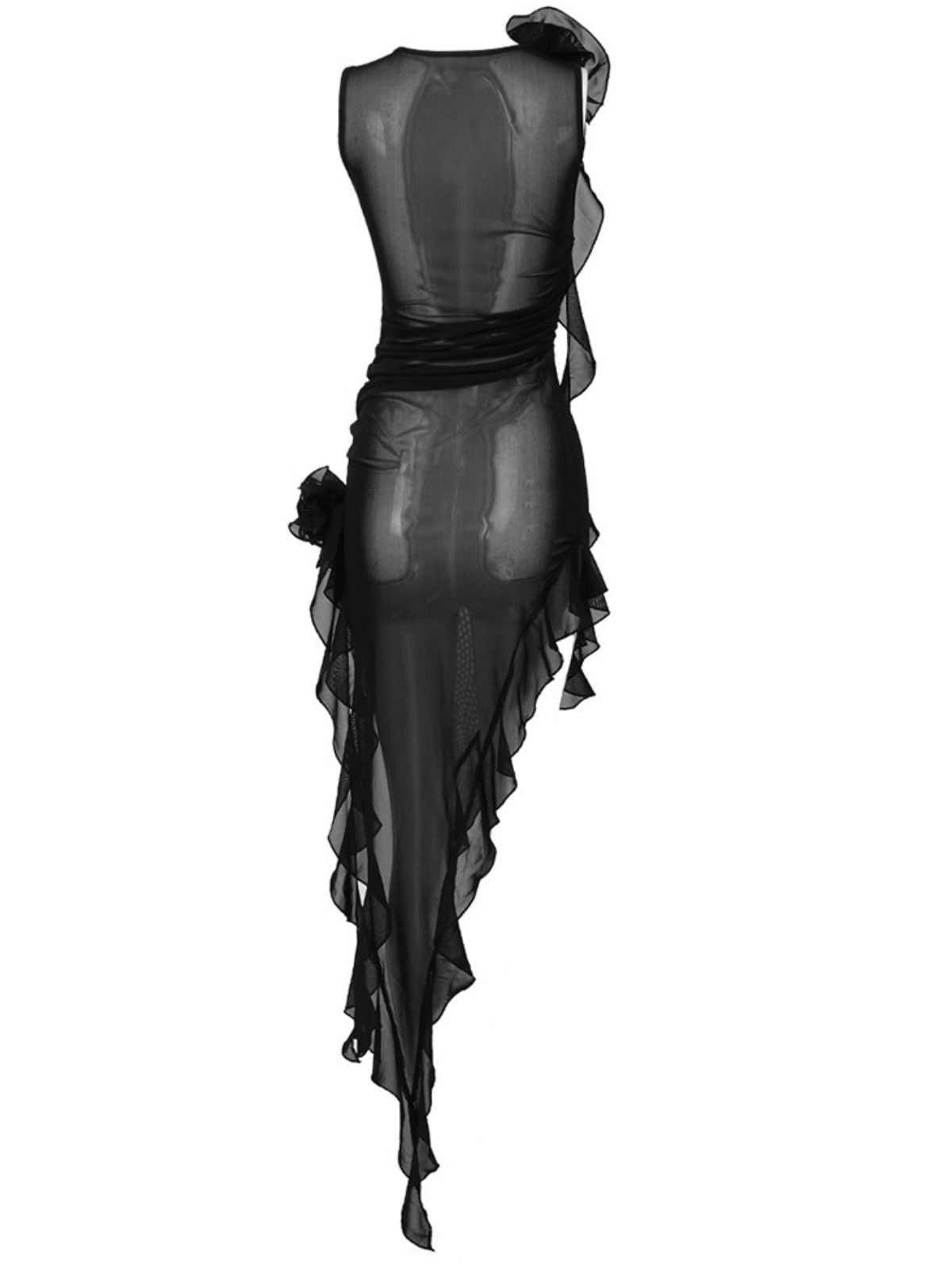 Round Neck Sheer Mesh 3D Flower Ruffle Asymmetric Midi Dress
