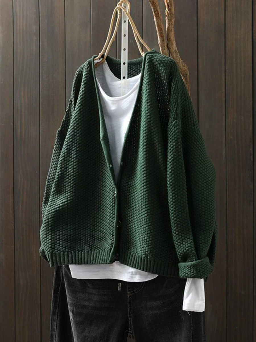 V-Neck Button Front Chunky Knit Long Sleeve Cardigan