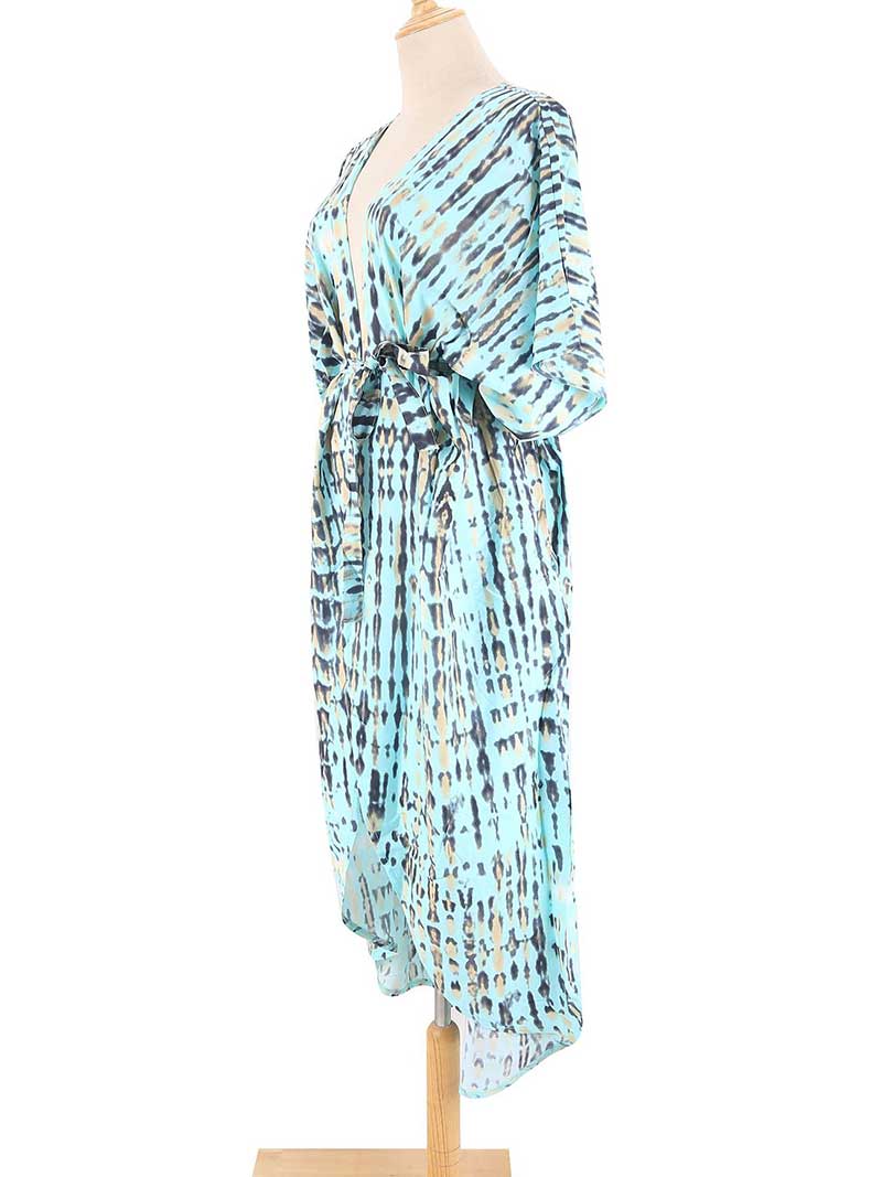 Tie-Dye Stripe Print Open Front Long Kimono Duster Robe 29