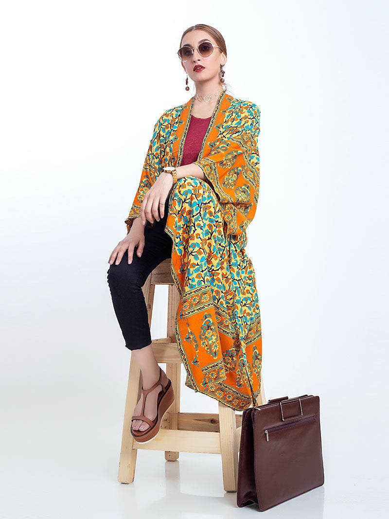 Orange Bohemian Floral Border Print Open Front Long Kimono Robe