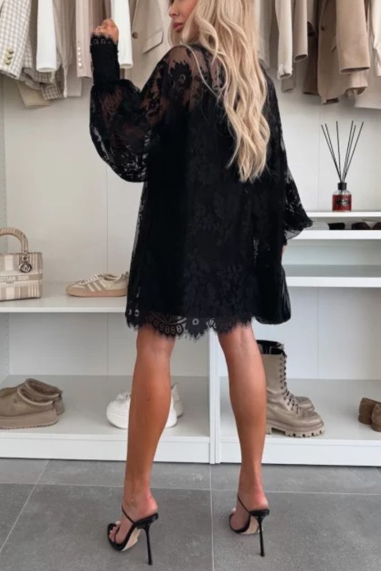 Iliana Effortless Night Rose a Line Mini Dress with Lace Bow and Long Balloon Sleeves Designer Edit
