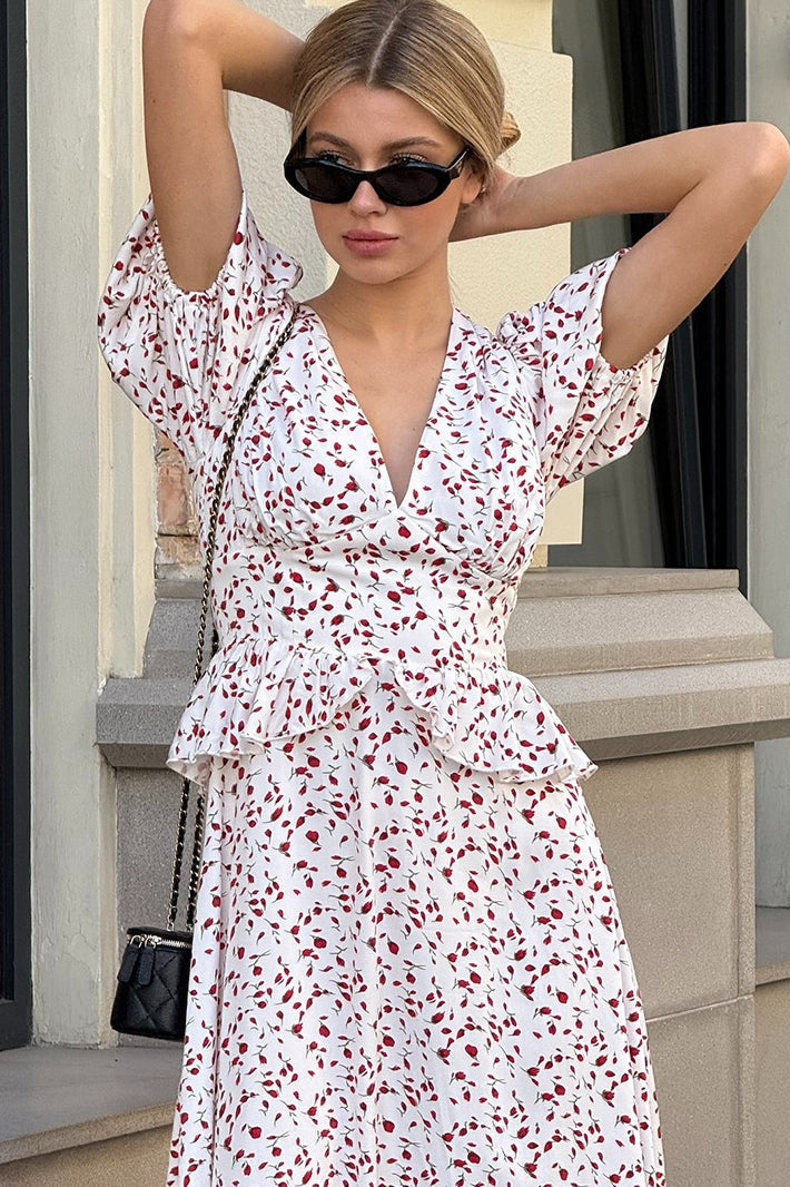 Elegant Puff Sleeve V Neck Slim Waist Long Floral Dress