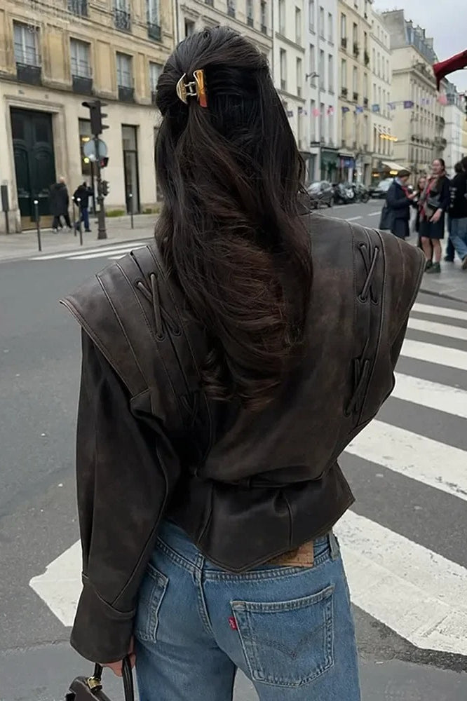 Vintage Vneck Belted Faux Leather Jacket