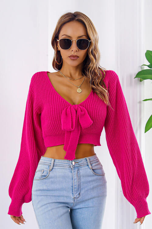 Long Cropped V-Neck Arm Sweater