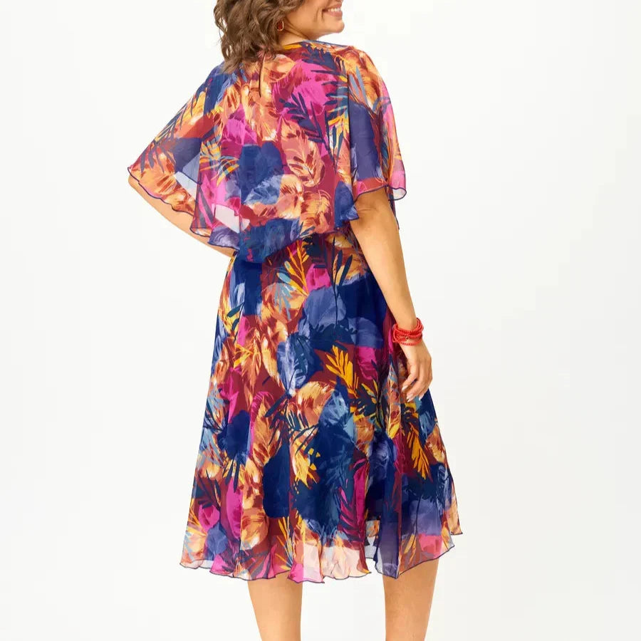 Round Neck Tropical Print Chiffon Cape Overlay A-Line Midi Dress