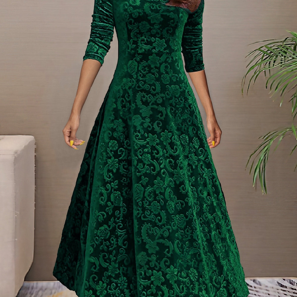 V-Neck Floral Burnout Velvet Long Sleeve A-Line Maxi Dress 6