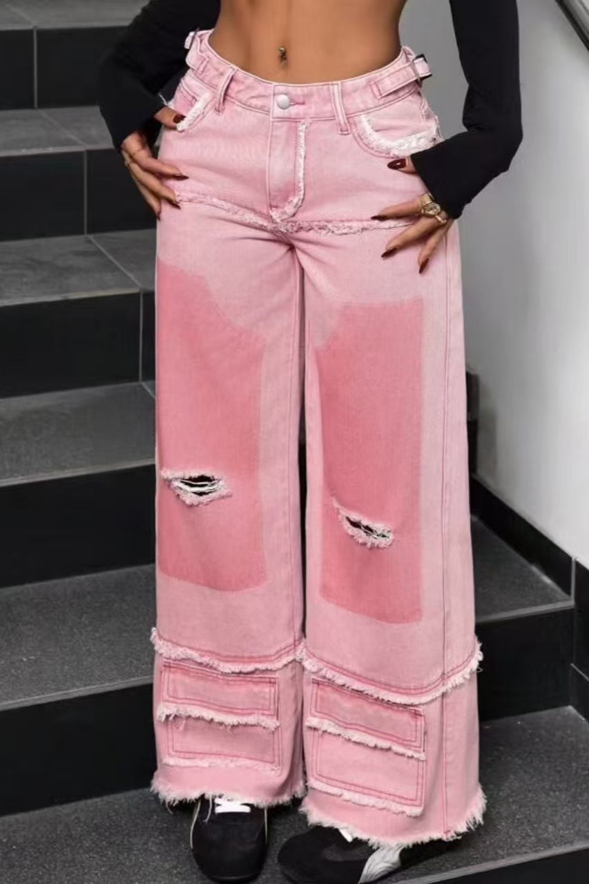 Distressed Patchwork Gradient Pink Stylish Jeans