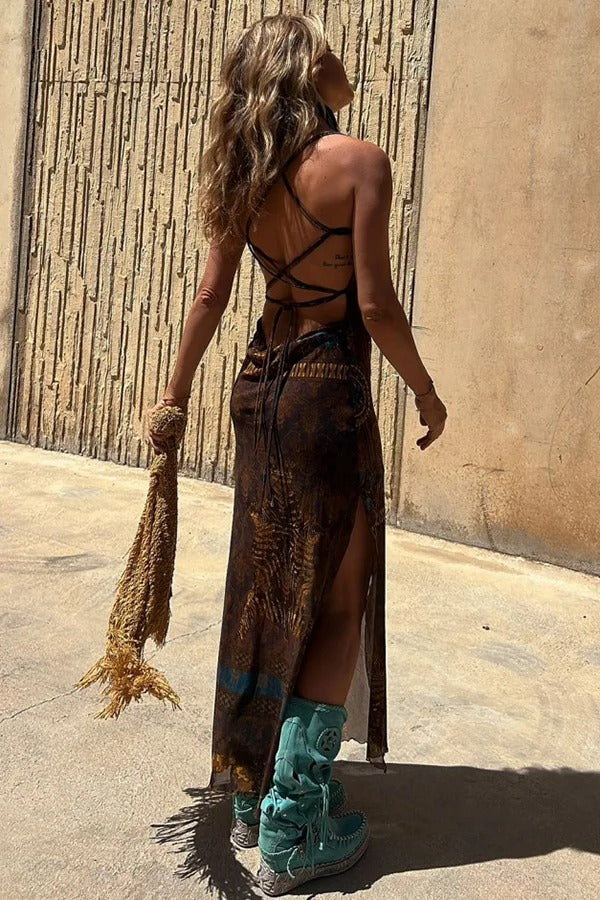 Griselda Exclusive Midi Dress with a Unique Gypsy Style Print, Cowl Neckline At the Back, Lace Up Fastening and Slit Evening Wear Edit