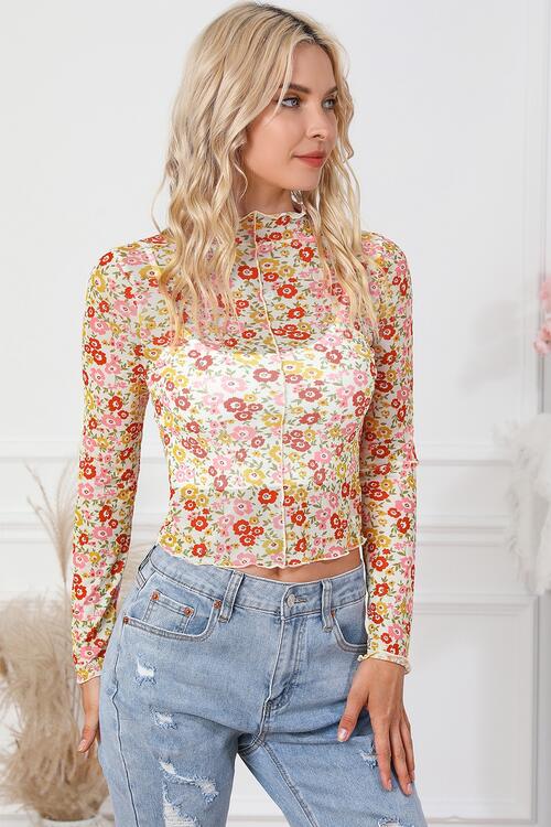 Long Arm Blouse Mock Flowered with Neck