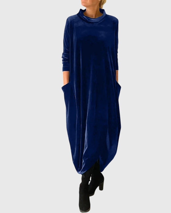 Mock Neck Velvet Long Sleeve Pocket Relaxed Midi Dress