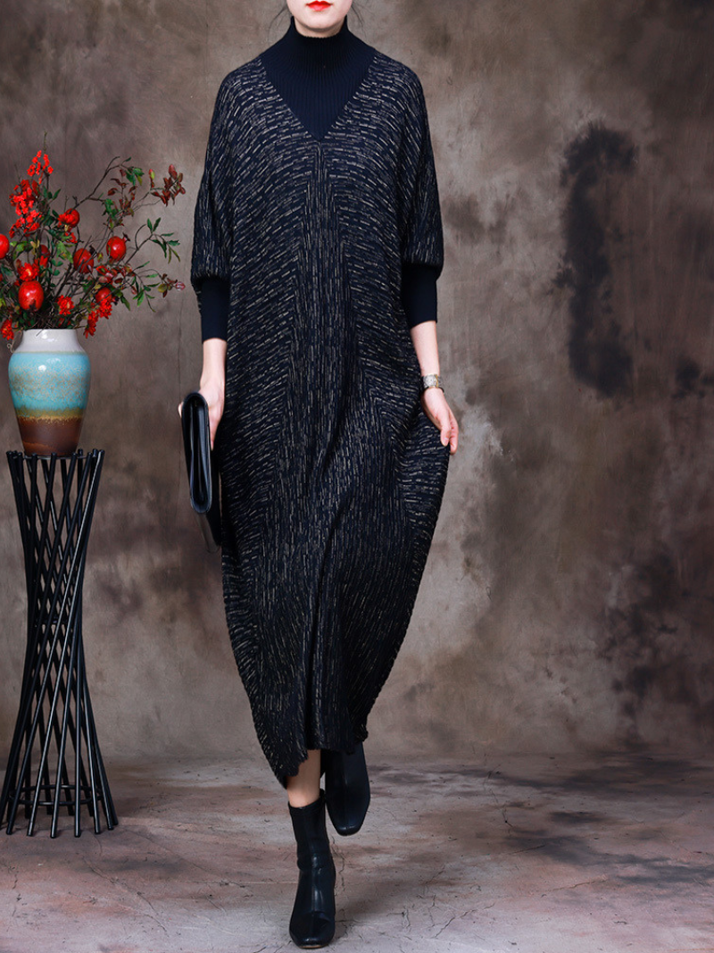 Mock Neck Batwing Sleeve Knitted Loose Cocoon Maxi Dress 3