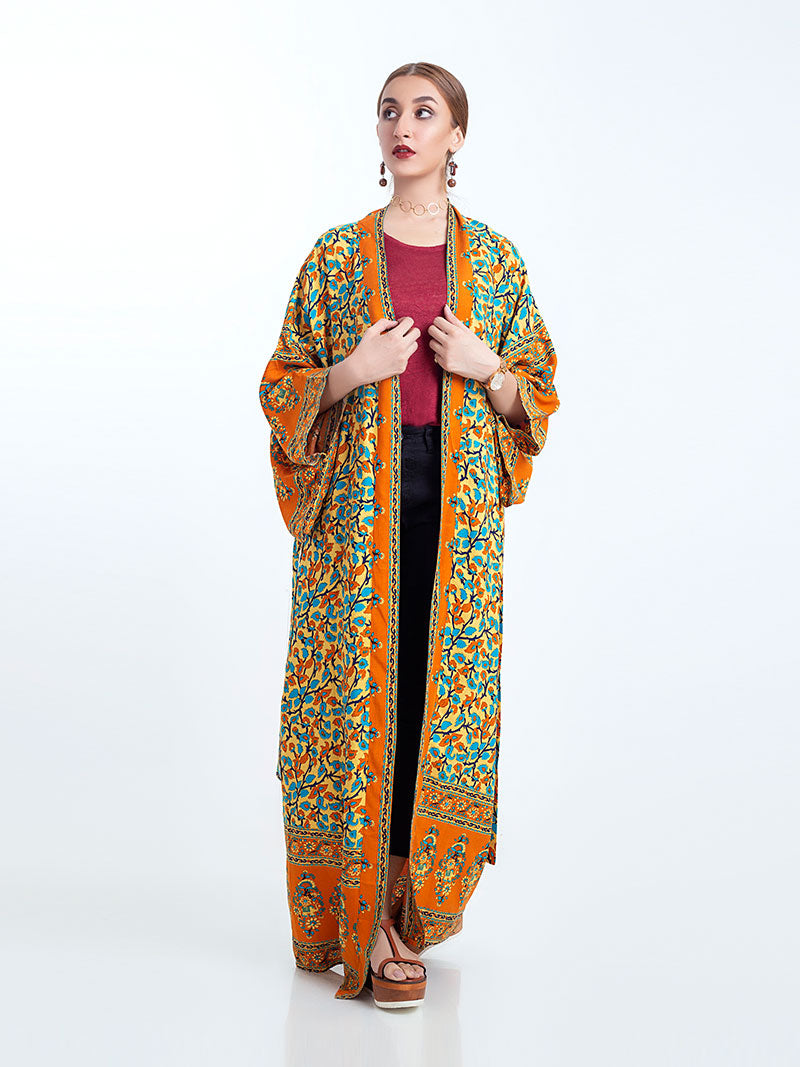 Orange Bohemian Floral Border Print Open Front Long Kimono Robe 3