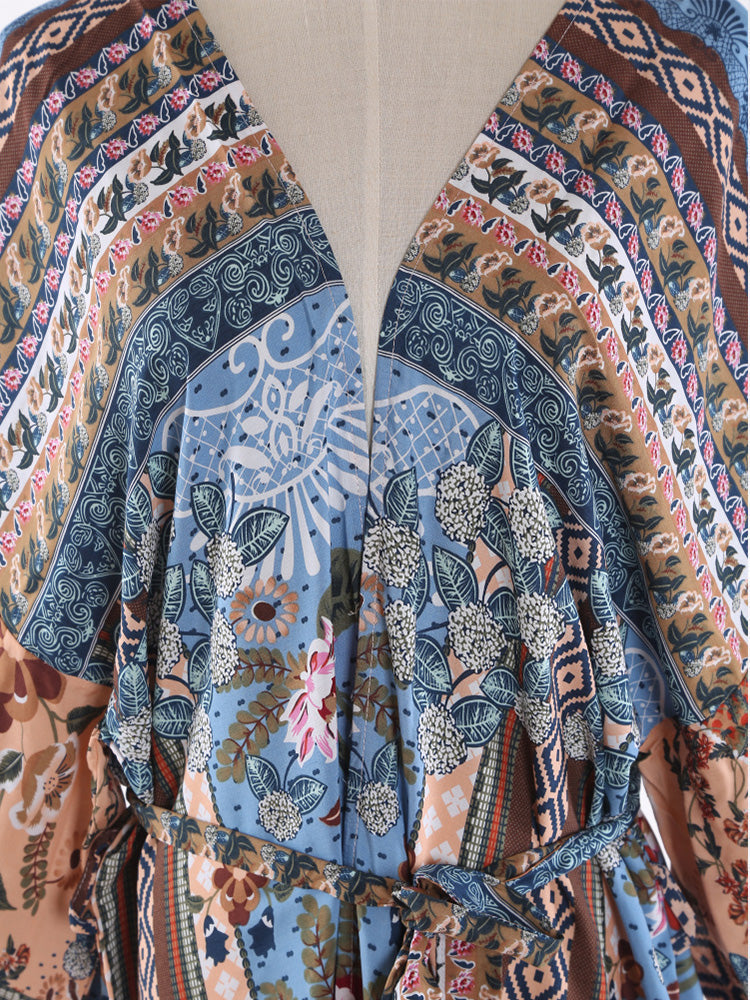 Multicolor Mixed Floral Print Belted Open Front Long Kimono Robe 6