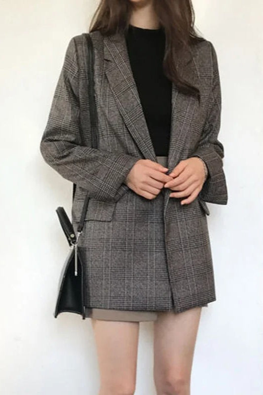 Plaid DoubleBreasted Long Blazer