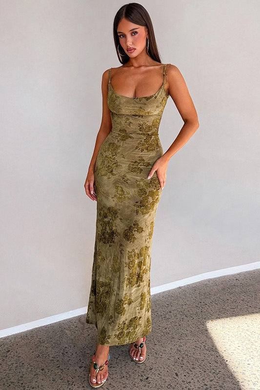 Green Spaghetti Strap Backless Chain Detail Burnout Floral Mesh Maxi Dress 3