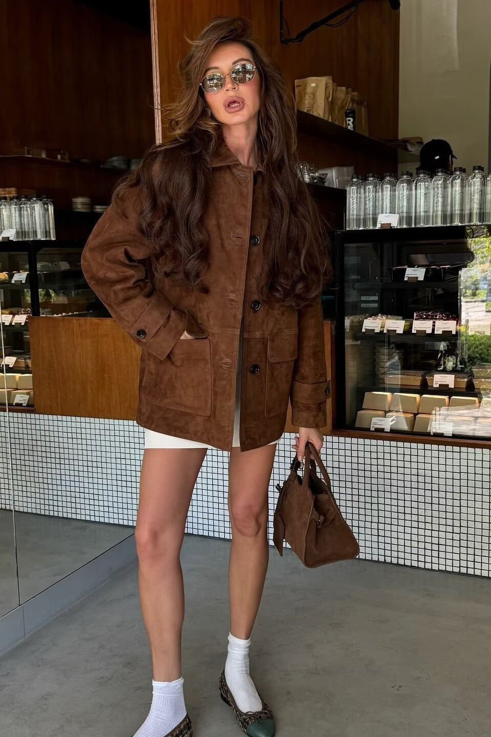 Suede Lapel Pocket Detail Coat