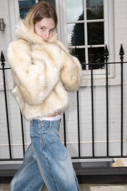 Short Faux Fox Fur Stand Collar Warm Cotton Coat