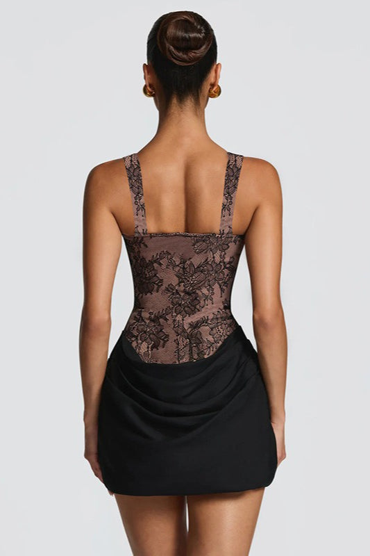 Square Neck Lace Print Ruched Patchwork Slip Dress
