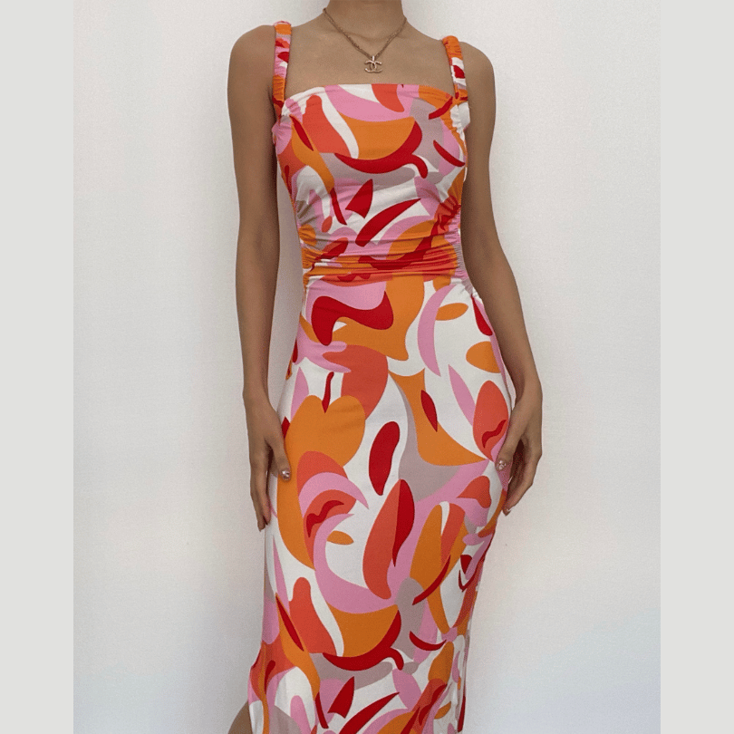 Sleeveless contrast print slit backless self tie hollow out midi dress