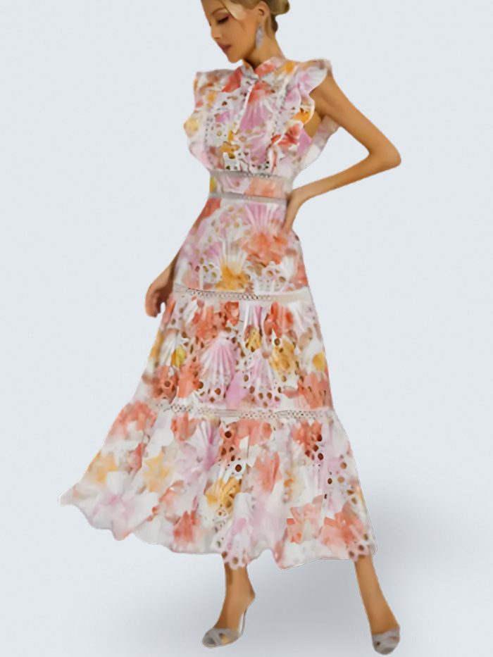 Mock Neck Floral Eyelet Ruffle Sleeve Lace Trim Tiered Maxi Dress