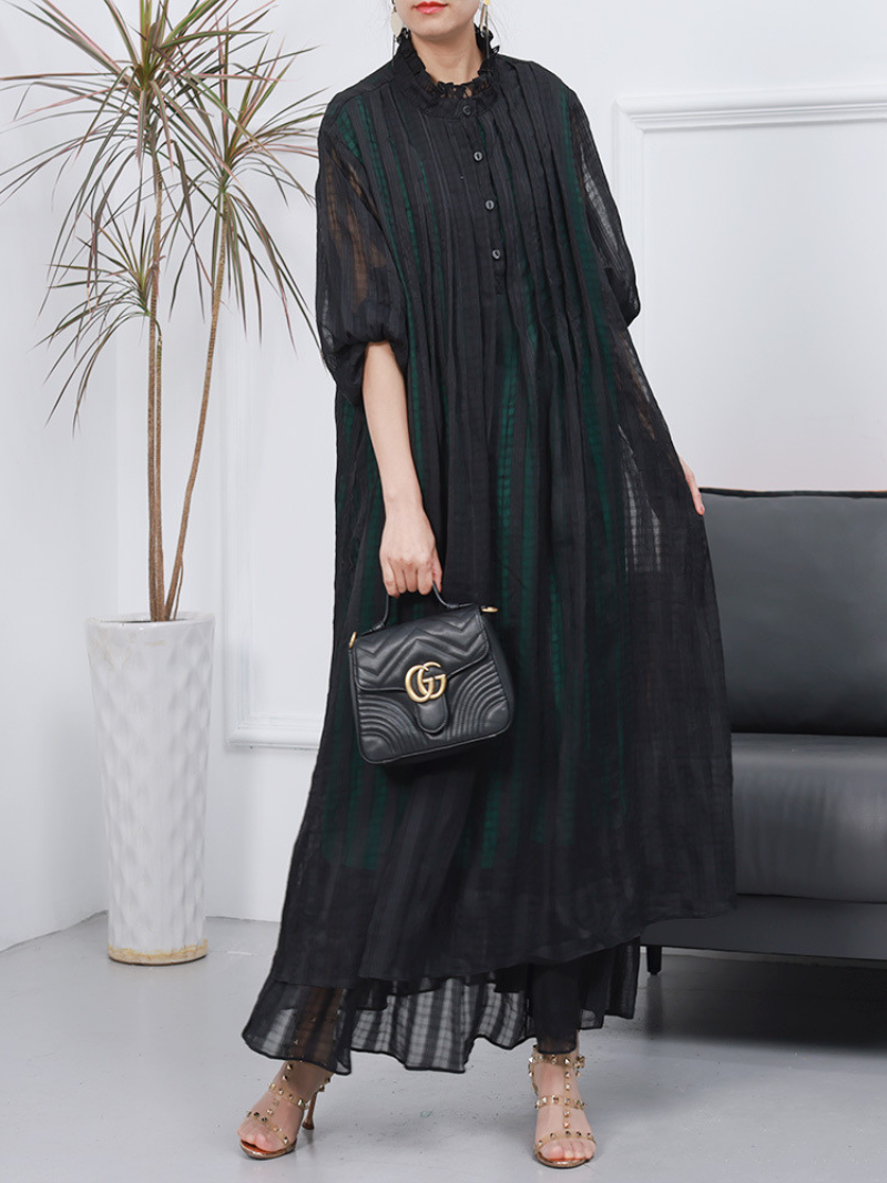 Stand Collar Balloon Sleeve Pleated Chiffon Tiered Maxi Dress